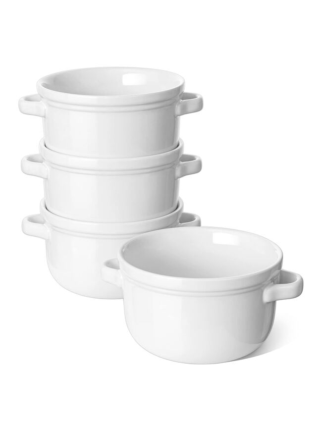 LE TAUCI Soup Bowls With Handles 28 oz, French Onion Soup Bowl for Chili, Beef Stew, Cereal, Ceramic Soup Crocks oven Safe, Microwave Dishwasher Safe - 5.5 inch, Set of 4, White
