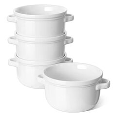 LE TAUCI Soup Bowls With Handles 28 oz, French Onion Soup Bowl for Chili, Beef Stew, Cereal, Ceramic Soup Crocks oven Safe, Microwave Dishwasher Safe - 5.5 inch, Set of 4, White
