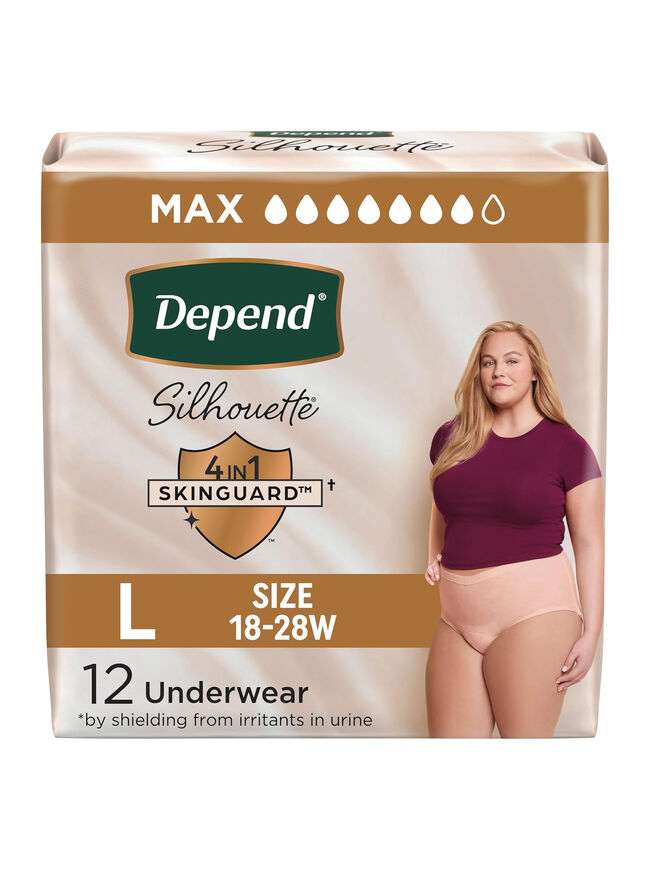 Depend Silhouette Adult Incontinence & Postpartum Bladder Leak Underwear for Women, Maximum Absorbency, Large, Pink, 12 Count, Packaging May Vary