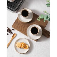 famiware Ocean Espresso Cups with Saucers Set of 4, 3.34oz Espresso Cup Set, Coffee Mug Set for Latte, Macchiato, Stoneware Demitasse Cups Set for Cafe, Microwave&Dishwasher Safe, Vanilla White