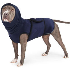 Lelepet XL Navy Blue Dog Shirt: Ear Cover for Anxiety, Calming Hood, Reflective Strips