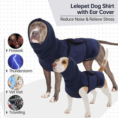 Lelepet XL Navy Blue Dog Shirt: Ear Cover for Anxiety, Calming Hood, Reflective Strips