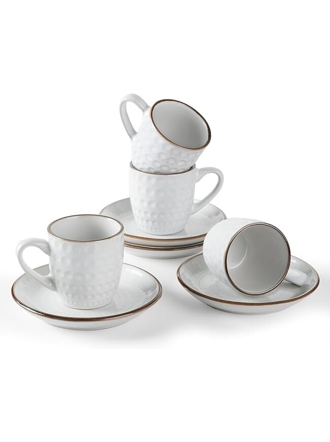 famiware Espresso Cups and Saucers Set of 4, 3 oz Ceramic Small Coffee Mug with Handle, Embossed Stoneware Demitasse Cup for Tea, Latte - Microwave & Dishwasher Safe - White Circle