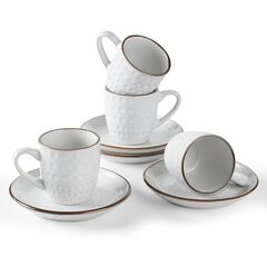 famiware Espresso Cups and Saucers Set of 4, 3 oz Ceramic Small Coffee Mug with Handle, Embossed Stoneware Demitasse Cup for Tea, Latte - Microwave & Dishwasher Safe - White Circle