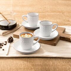 famiware Espresso Cups and Saucers Set of 4, 3 oz Ceramic Small Coffee Mug with Handle, Embossed Stoneware Demitasse Cup for Tea, Latte - Microwave & Dishwasher Safe - White Circle