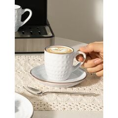 famiware Espresso Cups and Saucers Set of 4, 3 oz Ceramic Small Coffee Mug with Handle, Embossed Stoneware Demitasse Cup for Tea, Latte - Microwave & Dishwasher Safe - White Circle