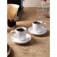 famiware Espresso Cups and Saucers Set of 4, 3 oz Ceramic Small Coffee Mug with Handle, Embossed Stoneware Demitasse Cup for Tea, Latte - Microwave & Dishwasher Safe - White Circle