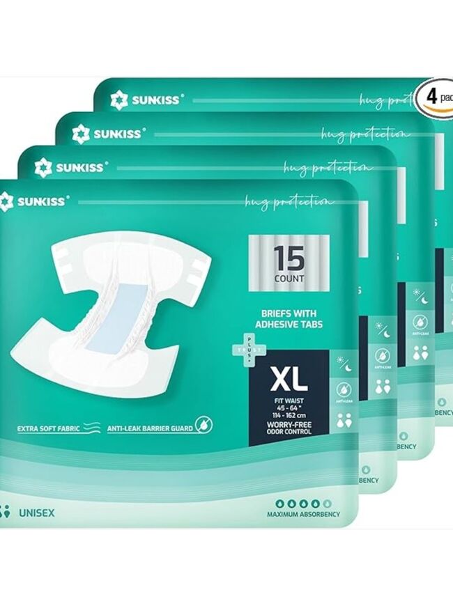 SUNKISS TrustPlus Adult Diapers with Maximum Absorbency, Unisex Disposable Incontinence Briefs with Tabs for Men and Women, Odor Control, XLarge, 60 Count (4 Packs of 15)