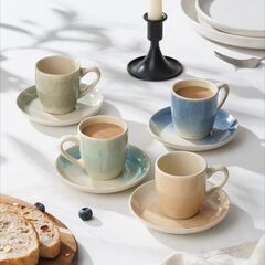 famiware Glacier Espresso Cups with Saucers Set of 4, 3oz Espresso Cup Set, Coffee Mug Set for Latte, Macchiato, Stoneware Demitasse Cups Set for Cafe, Microwave&Dishwasher Safe, Multi-color