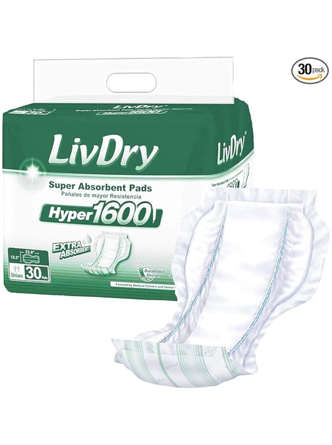 LivDry High Absorbency Pad Insert for Incontinence Briefs and Adult Diapers, Women and Men, Hyper 1600 (30 Count)