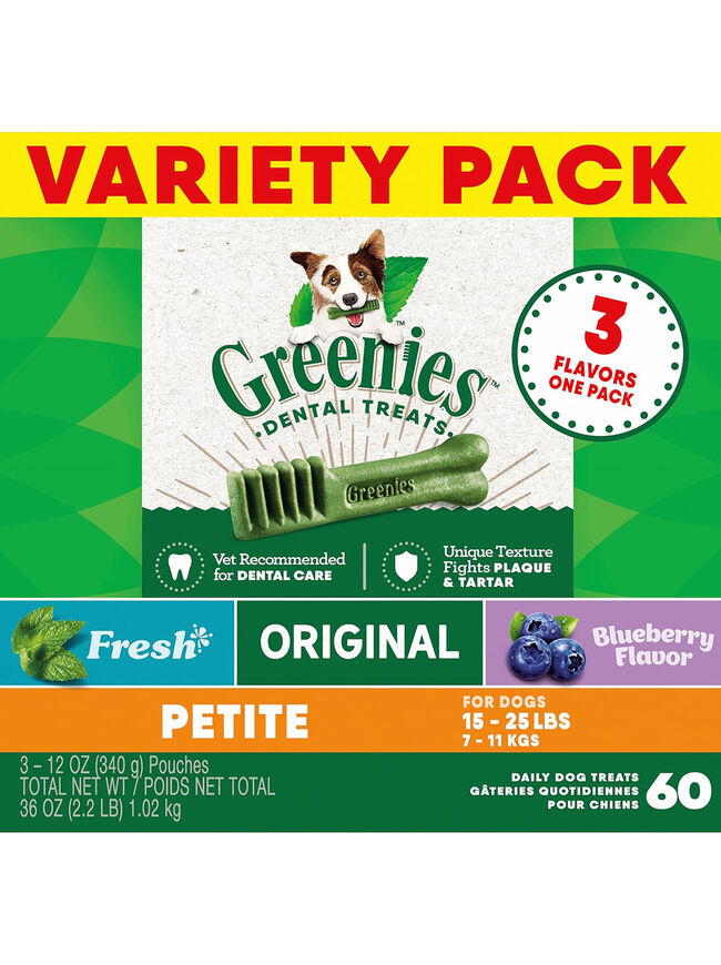 Greenies Petite Dental Dog Treats, 3-Flavor Variety Pack, (3) 12 oz. Pouches, 60 Total Treats