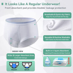 PADRAM Mens Incontinence Briefs 2 Pack - Washable, Front Absorbent (White, M) 