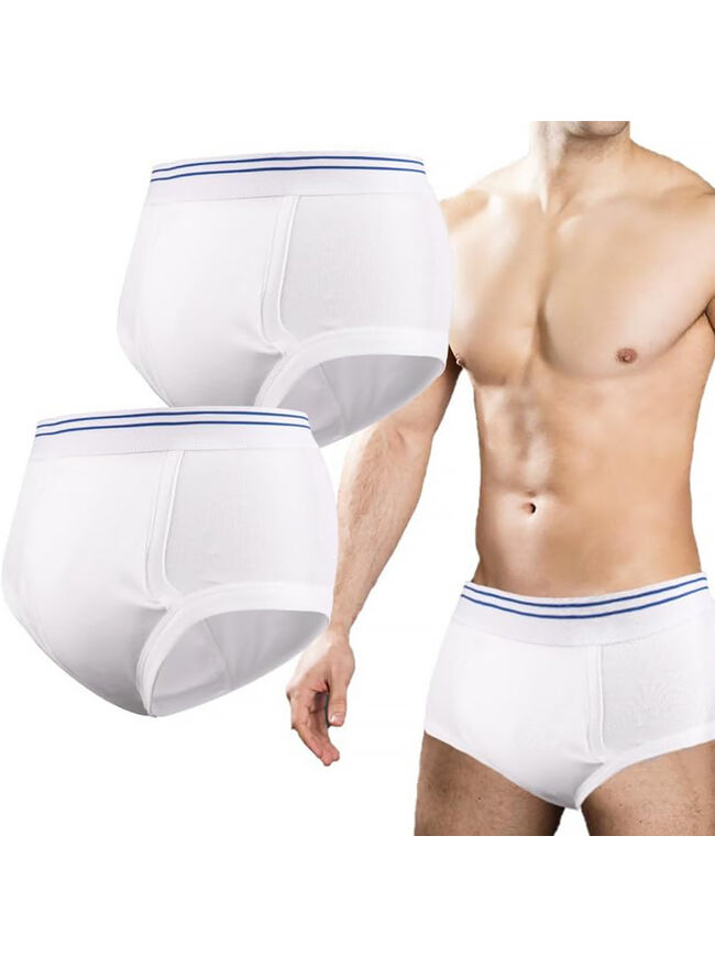 PADRAM Mens Incontinence Briefs 2 Pack - Washable, Front Absorbent (White, M) 