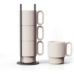 Stackable Coffee Mug Set with Black Stand - 4x10oz Ceramic Mugs with Unique Sprinkled Optics - Powder Coated Metal Rack - Dishwasher-Safe - Microwave & Oven - Scandinavian Minimal Design