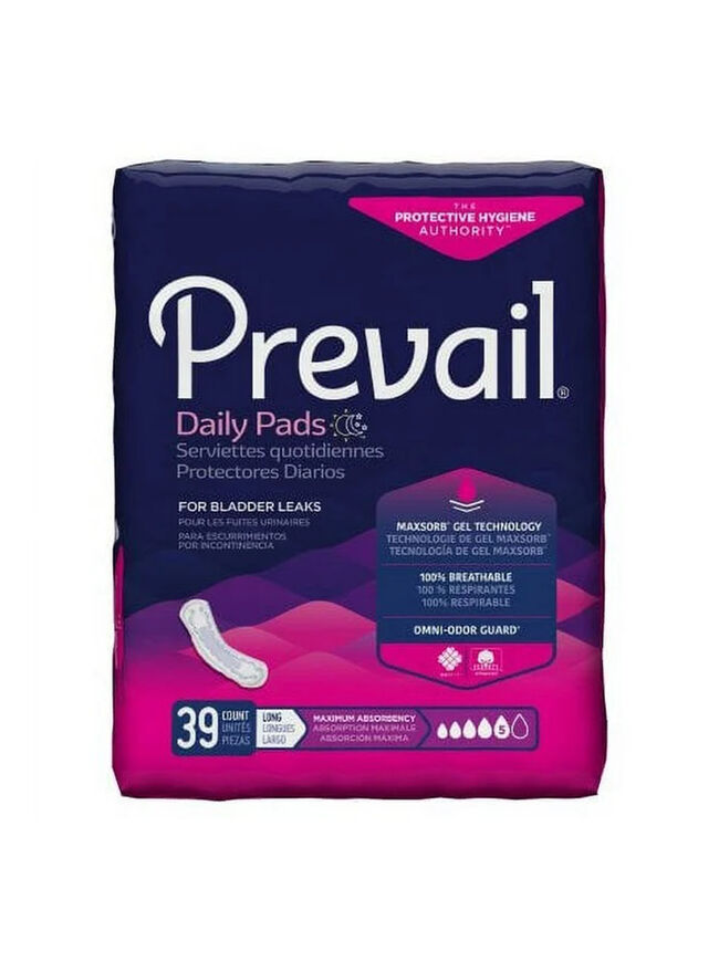 Prevail Incontinence Bladder Control Pads for Women, Maximum Absorbency, Long Length, 39 count