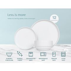 Ceramic Dinnerware Set, 12-Piece Service for 4, Soup Bowls (31.5 oz), Salad Plates (7.5"), Dinner Plates (10.5"), Round, Microwave and Dishwasher Safe, White, Cambridge Classics