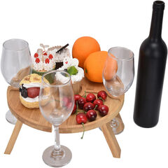 Jauarta Portable Bamboo Wine Table, Wooden Outdoor Folding Picnic Table with Wine Glass Holder, Portable Camping Wine Table Snack Tray