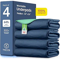 IMPROVIA® Washable Underpads 34" x 36" Pack of 4 Heavy Absorbency Reusable Bedwetting Incontinence Pads for Adults, Kids, & Pets - Waterproof Protective Pad for Bed, Couch, Sofa, Floor (Navy & Green)