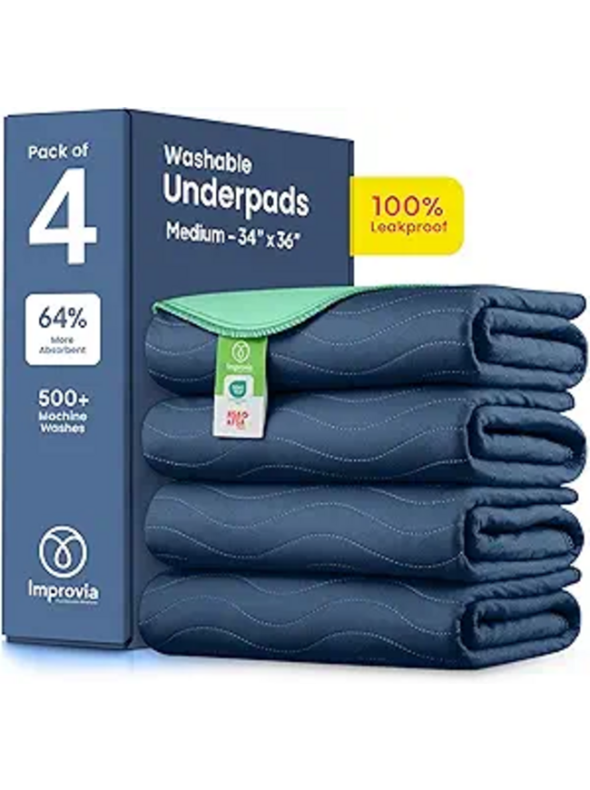 IMPROVIA® Washable Underpads 34" x 36" Pack of 4 Heavy Absorbency Reusable Bedwetting Incontinence Pads for Adults, Kids, & Pets - Waterproof Protective Pad for Bed, Couch, Sofa, Floor (Navy & Green)