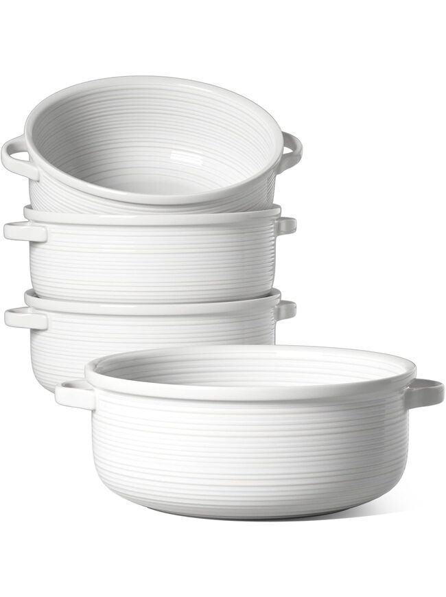 LE TAUCI Soup Bowls with Handles, Ceramic French Onion Soup Bowls 22 Ounces for Soup, Cereal, Chilli, Beef Stew, Stackable Serving Bowls Set, Oven Microwave Dishwasher Safe, Set of 4, White