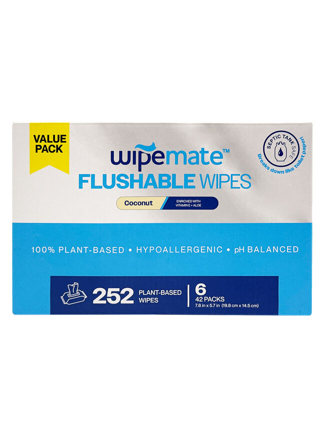 Wipemate Ultra Flushable Butt Wipes - Soothing Vitamin E & Aloe - Coconut Scent - 6 Premium Flip Top Packs - 42 Wipes Per Pack - 252 count