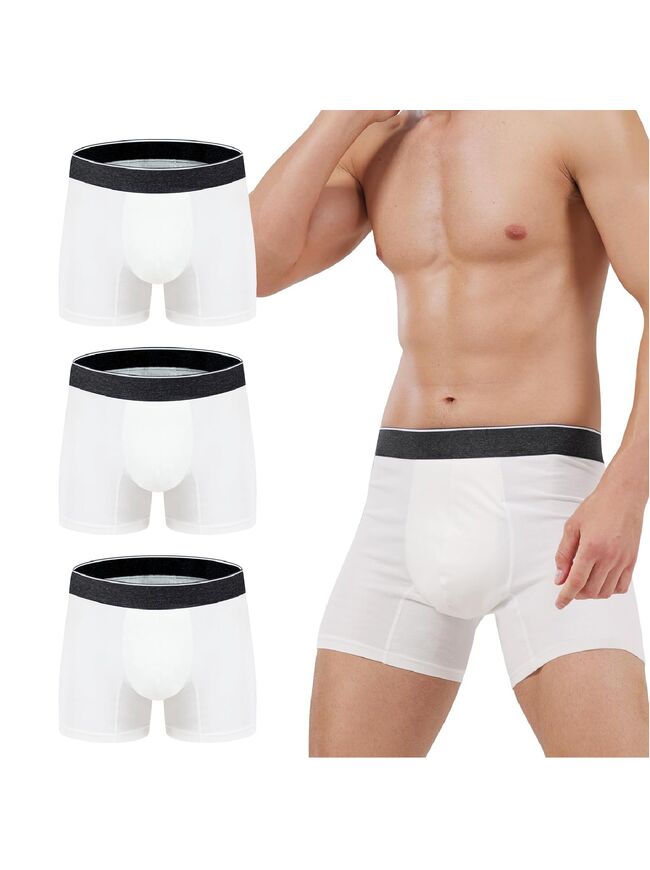 AIRCUTE Washable Absorbency Urinary Incontinence Underwear for Men Boxer Briefs for Bladder Leaks 60 ML 3 Pack (Medium, 3 White)