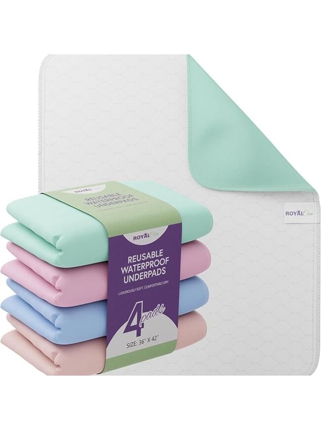 Royal Care Incontinence Bed Pads - 4 Pack Reusable Waterproof Sofa, Mattress Protectors - Highly Absorbent, Machine Washable - for Children, Pets and Seniors - Assorted Colors (36" x 42" - 4 Pack - Multi Color)