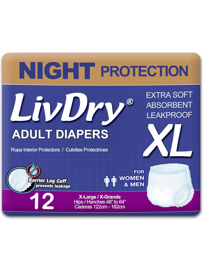 LivDry XL Overnight Adult Diapers - Unisex, Incontinence Underwear, 12-Pack
